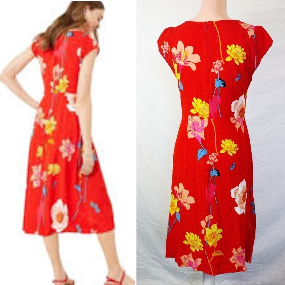 LOFT Orange Red Lily Floral Cap Sleeve Side Slit Midi Dress SMALL - Picture 12 of 16
